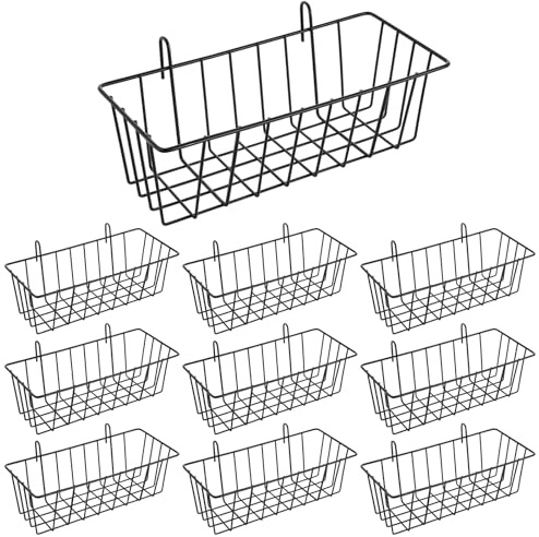 10 PCS Wall Grid Panel Hanging Wire Basket, Storage and Display Basket, No Drilling Wall Hanging Baskets, Grid Walls Accessory, for Kitchen Bathroom Home Decor Supplies, Black