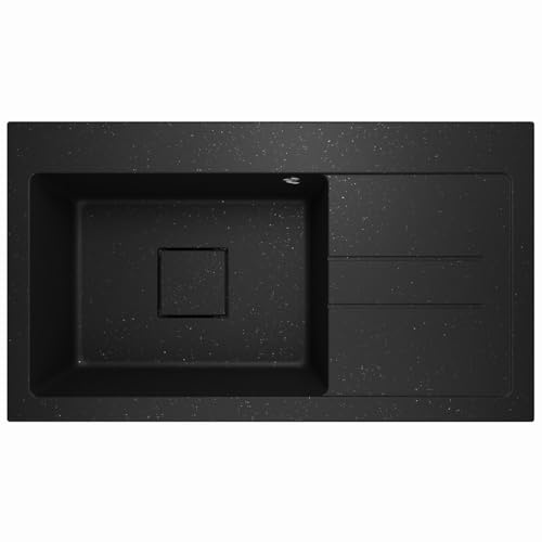 Lavello Fregadero de granito negro metálico, profundo empotrable, 88 x 50 cm, 1 lavabo con escurridor, resistente a arañazos y reversible, con desagüe oculto, incluye juego de desagüe