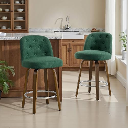 Bekrvio Holz-Beine Drehbarer Barhocker 2er Set, Dick Gepolsterter(10cm) Barstuhl mit Lehne, 65cm Sitzhöhe Drehsessel–Barstool, Tresenhocker 150kg Belastbar, Moderner Küchenstühle