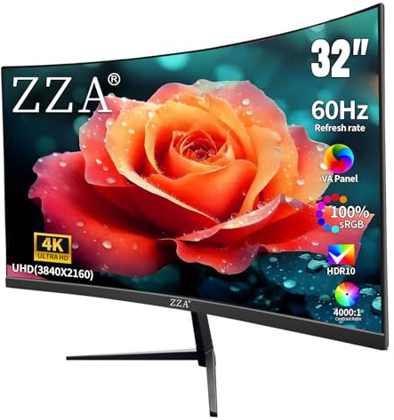 ZZA 32 Inch 4K 1500R Computer Monitor, UHD (3840 x 2160) 60Hz Ultra-Clear Screen, 100% sRGB,Eye Care Screen with HDMI, DisplayPort for Home and Office, VESA(100x100mm)
