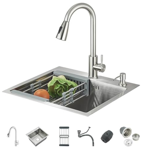 Evier Cuisine 1 Bac 50 * 45CM Acier inoxydable Evier de cuisine avec robinet extensible Distributeur de Savon avec Egouttoir,Brossé