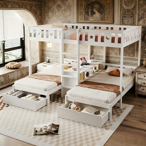 Soweiz Cama Alta con Escalera, Espacio de Almacenamiento y Dos cajones; barandilla de Seguridad con diseño de Estrellas y Lunas; Cama Superior de 140 × 200 cm; Cama Inferior de 90 × 200 cm