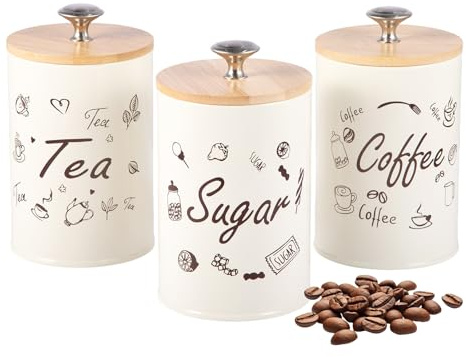 EVERGOODS Tea Coffee Sugar Canisters Set of 3 Airtight Metal Kitchen Storage Tins with Wooden Lids Food Grade Coffee Tea Sugar Containers for Kitchen Counter Organization 15.8cm H