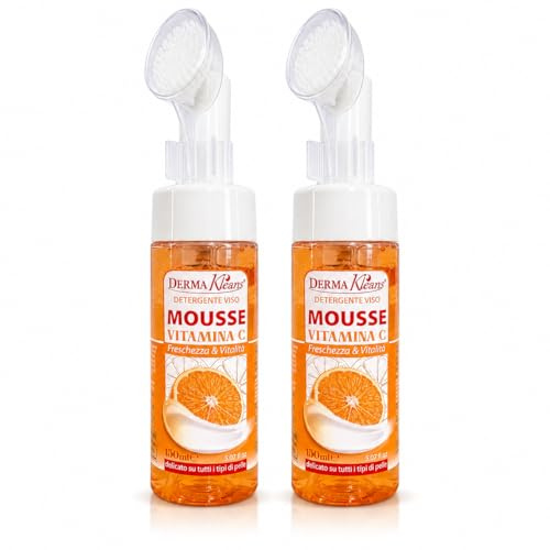 Derma Kleans Mousse Vitamina C Detergente Viso con Spazzola in Silicone – Mousse Detergente Idratante e Illuminante, Pulizia Profonda Delicata per Tutti i Tipi di Pelle - 2 Unita da 150ml