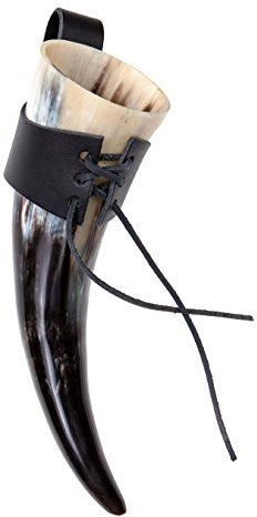 Frera Cuerno para beber, 300 – 390 ml, 0,3 – 0,39 l, incluye soporte para cinturón de piel en negro o marrón, cuerno natural apto para alimentos, color natural, pulido