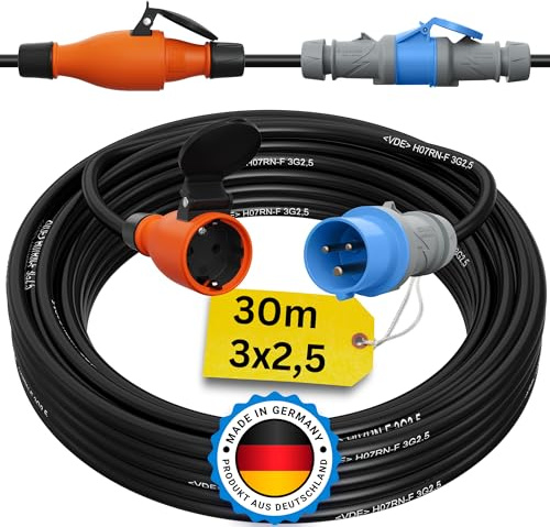 CEE auf Schuko Adapter 30m Camping Stromkabel H07RN-F 3x2,5 Landstromkabel Wohnmobil Wohnwagen Kabel Camping Adapter 30 Meter Strom Verlängerungskabel CEE-Stecker Campingstecker