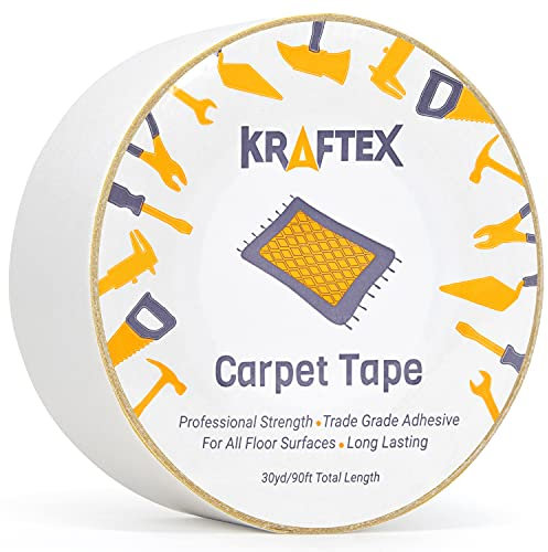 Kraftex Double Sided Carpet Tape 90ft/30Yrd Roll Heavy Duty for Rugs, Mats, Pads & Runners. Rug Tape for Hardwood Floors, Tile, Laminate. 2 Sided Unique Adhesive Heavy Duty Double Stick Tape