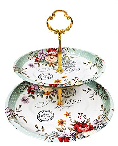 Charmed Vintage Floral pattern 2 tier cake and pastry stand server (Light Sage Green)