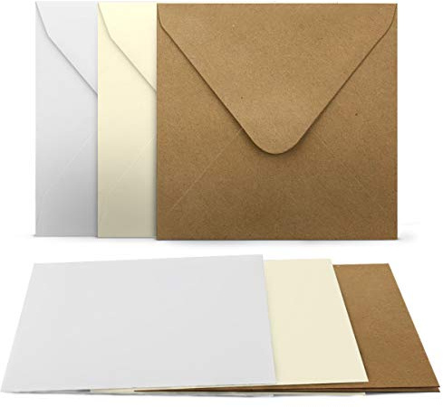 45 Faltkarten mit Umschläge Set - Quadratisch - 240 g/m² 220 g/m² - Weiss - Creme - Kraft - mit Blankokarten passenden Briefumschlägen - 120 g/m² 90 g/m² Nassklebung - Kuvert Karte