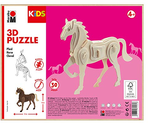 Marabu 317000000023 - Puzzle in Legno 3D Kids con 30 Puzzle in Legno Certificato FSC, Dimensioni Circa 18 x 16 cm, Semplice Tecnica a Incastro, per dipingere e Personalizzare