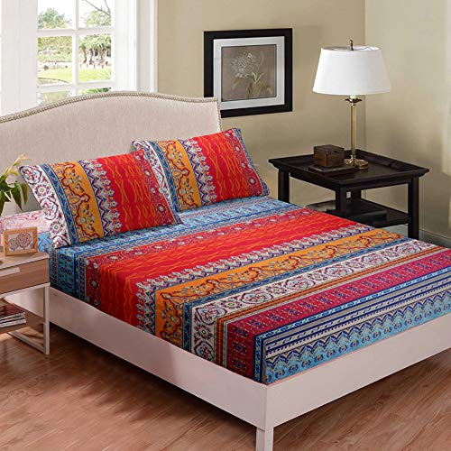 Juego de sábanas estilo tribal sureño bohemio para niños y adolescentes, floral y a rayas, sábana bajera reversible de microfibra, 1 sábana bajera ajustable, 2 fundas de almohada, tamaño Super King