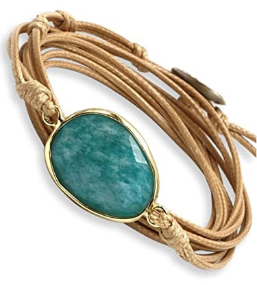 BENAVA Damen Wickelarmband mit Amazonit Stein Anhänger | Yoga Armband Schmuck Edelstein Türkis Beige Silber | Meditation Boho Damenarmband