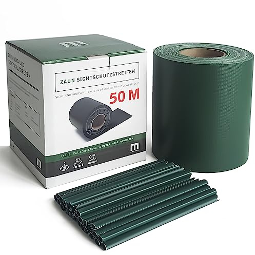 Stabmattenzaun-Sichtschutzstreifen, PVC-Folie in Grün, 19 cm hoch, 50 m lang, inkl. 40 Befestigungsclips, Zubehör für Doppelstabmattenzäune und Einzelstabmattenzäune – Zaun Sichtschutz, reißfest