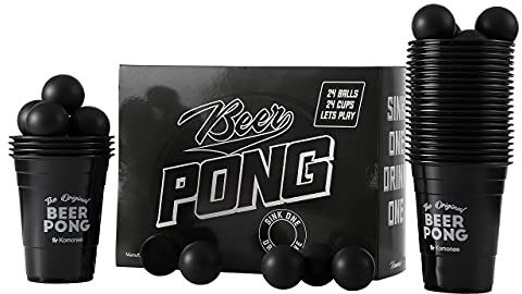 Komonee Beer Pong Set 48 PCS Blackout American Adult Indoor Novelty Party Drinking Game 24 Black Re-usable Printed Cups and 24 High Bounce ABS Balls