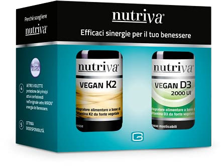 Nutriva Pack Vegan K2 400mg e Vegan D3 544mg, Integratori Alimentari in compresse, adatti per i vegani (Nutriva Vegan K2 30 compresse e Nutriva Vegan D3 60 compresse masticabili)