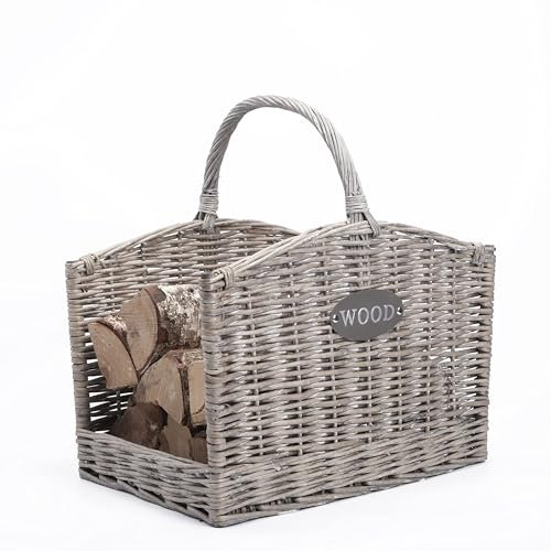 Rustic Shabby Chic Style Grey Natural Wicker Fireside Log Basket Heavy Duty Kindling Wood Basket Home Storage Basket (Medium)