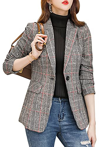 ebossy Chaqueta Tipo Blazer con Solapa de Muesca y 2 Botones para Mujer, diseño de Pata de Gallo, Z Gris, Large