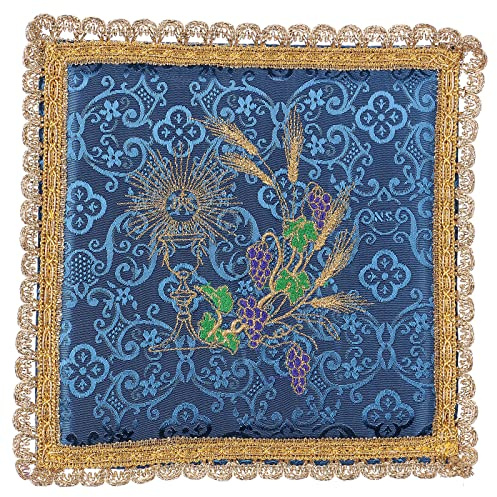 Holyart Altar linens: Chalice veil (pall) with chalice and grapes embroidery on blue damask fabric