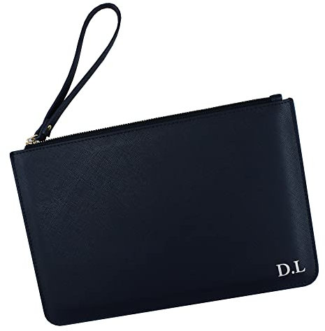 eBuyGB Personalised Bride Clutch Bag, PU Leather Monogram Initial Pouch, Bridal Party Gift, Maid of Honour Present, Bridesmaids Proposal Gifts, Wedding Accessory (Navy)