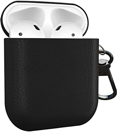 MyGadget Kunstleder Hülle kompatibel mit Apple Airpods 1 | 2 Generation - Case [Qi kompatibel] - robuster & stoßfester Bumper mit Karabiner in Schwarz