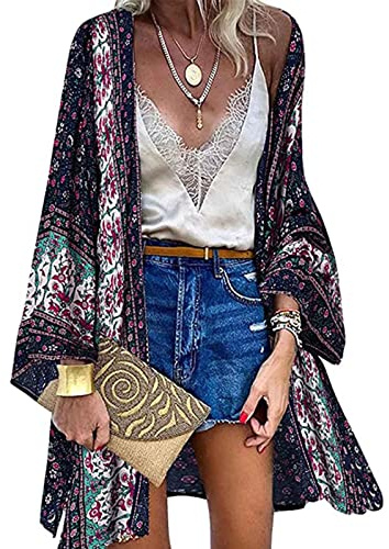 Yutdeng Bikini Cover Up Damen Blumendruck Kimono Strickjacke Bohème Cardigan Strandkleid Bedecken Pareos Sommer Strand Poncho Boho Vertuschen Shirt Badeanzug Elegant,Marineblau,L