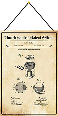 DekoDrom® Blechschild 20 x 30 cm US Patent Billard Kugel Sport Hobby historisches Motiv mit Kordel zum Aufhängen Wand Deko Sammler Geschenk