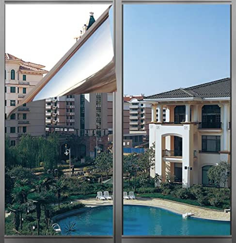 GJIE One Way Window Film Sun Blocker UV Window Film Blackout Window Tint Film Mirror Effect Film Conservatory Roof Covering Solar Film Static Cling (Blue Silver, 30x200 cm) (YJ06)