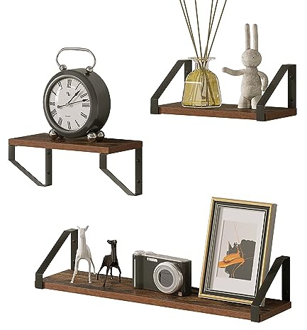 EUGAD Wandregal 3er Set, Schweberegal Vintage,60x11x15 cm und 30x11x15 cm | Wanddeko für Artbeitszimmer, Wohnzimmer, Küche, Schweberegal Vintage-Holzoptik+Schwarz