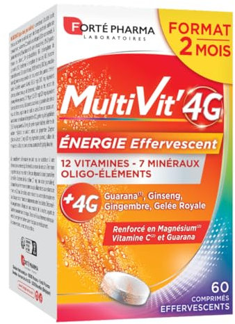 Forté Pharma - Multivit' 4G Energie Effervescent | Complément Alimentaire Forme et Tonus, Fatigue - Vitamine C, Vitamine D, Ginseng, Gelée royale, Magnésium, Zinc, Minéraux | 60 comprimés = 2 mois