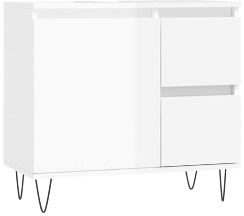 vidaXL Badezimmerschrank, Waschbeckenunterschrank mit viel Stauraum, Badschrank mit Eisenbeinen, Bad Unterschrank Waschbeckenschrank Badmöbel, Hochglanz Weiß Holzwerkstoff