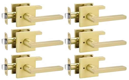 Goldenwarm Gold Door Handles Interior, Zinc Alloy Heavy Duty Brushed Gold Interior Door Handles for Bedroom Bathroom, Modern Square Privacy Door Levers (6 Pack)