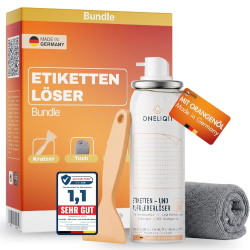 ONELIQIT® Vorteils-Bundle Etikettenentferner, Etikettenlöser 200ml inkl. Mikrofasertuch und Kratzer für das einfache Entfernen von Etiketten, Aufklebern, Vignetten & Klebstoffen