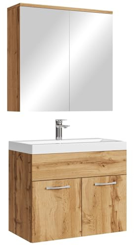 Badplaats Badmöbel Komplettset Montreal 60 x 35 cm Eiche - Badezimmermöbel mit Waschbecken und Spiegelschrank