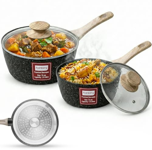 Rainberg Saucepan with Lid, Nonstick Milk Pan Suitable with Induction, Gas and Electric Hobs, Cooking Pot with Pour Spout. (Black, 2PK 16 & 18cm)