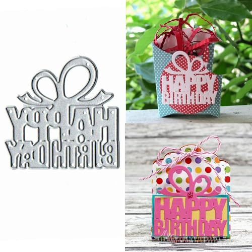 Metall-Stanzformen mit Aufschrift Happy Birthday, mit Schleife, Geschenkbox, Stanzschablonen, DIY, Scrapbooking, dekorative Prägung, Papier, Scrapbooking, Kartenherstellung