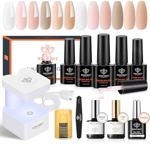 Modelones 8-in-one Builder Nail Gel Kit, 6 Colors All Seasons Nude Builder Gel with Mini Nail Lamp & Forms, Base Top Coat, for Extension Strengthener in a Bottle