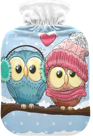 ISAOA Wärmflasche mit Eulen auf Ast, Herzform, weich, warm, für Winter, Bett, Hand, Hals und Schultern, 2 l