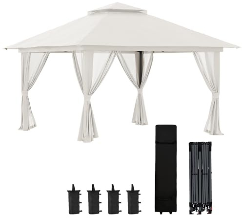 Outsunny Tonnelle de Jardin Extérieur Pop-Up Double Toit 4x4m Blanc | Barnum de Jardin,Tente Pliant,Protection UV 50+,4 Moustiquaires,4 Sacs de Sable,1 Sac de Transport,Tissu Oxford, Métal