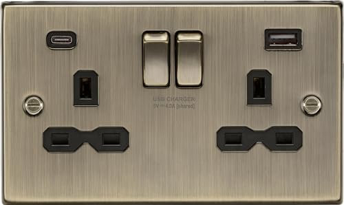 13A 2G SP Switched Socket with Dual USB A+C (5V DC 4.0A shared) - Antique Brass with Black Insert