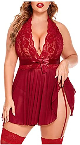 Keepink Women's Babydoll Lingerie Set Plus Size Lace V Neck Mesh Halter Sexy Nightdress with Thong and Stockings Push Up Lingerie Dress Sleepwear Naughty Costume Boudoir Outfits