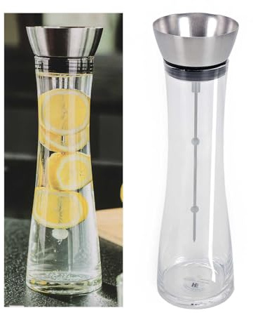 Glas Wasserkaraffe Vol. ca. 1 Liter mit Edelstahl-Deckel und Fruchtspieß inkl. Spülbürste, automatisch öffnender und verschließbarer Ausgießer