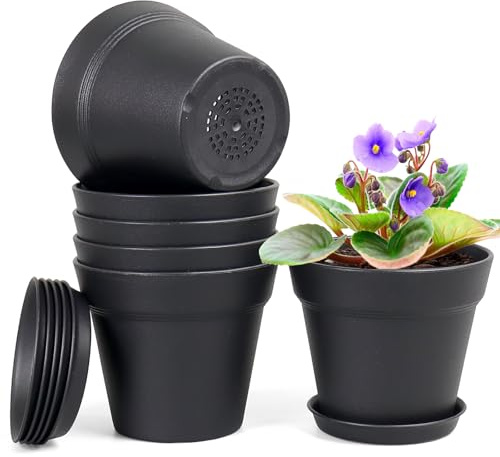 Homeuouz 6 Packs Blumentopf mit Untersetzer, 15.2cm Pflanzentopf, Plastik Übertopf mit Mehrere Ablauflöchern, Hydrokultur Topf, Blumentöpfe Set Ideal für Innen und Balkongärten,Schwarz