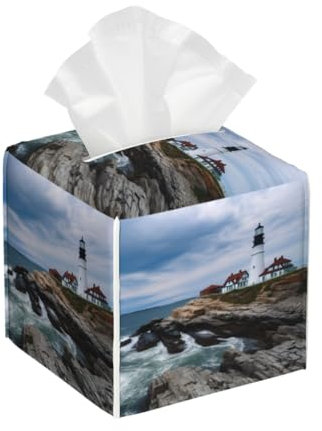 Quadratische Taschentuchboxen, 13,2 x 13,2 x 13,2 cm, Leuchtturm, Strand, Himmel, Dekoration für Badezimmer/Schminktisch/Zuhause/Auto/Büro