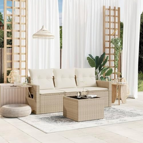 Faroom Balkon Sofa mit Stauraum Gartensofa 3 Sitzer Lounge Sofa Outdoor Rattansofa Sitzecke Balkon Lounge Klein Couch Gartenlounge Polyrattan Balkonmöbel beige and Cream 4-tlg-Type-A276