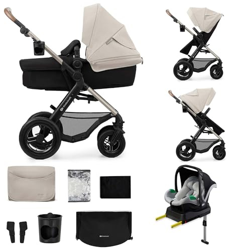 Kinderkraft MOOV 2 AIR Passeggino Trio 4 in 1 Multifunzione con Navicella, Seggiolino Auto MINK PRO i-Size + Base ISOFIX, Ruote Gonfiabili, dalla Nascita a 22 kg, Grigio