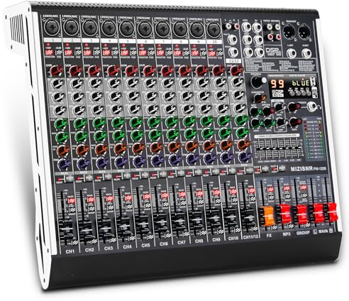 MIZISNR 12 Channel Audio Mixer Professional Sound Mixing Board with 99 DSP Effects, 7-band EQ Digital DJ Mixer Console w/USB Bluetooth MP3 for Recording, Independent 48V Power & Mute Button