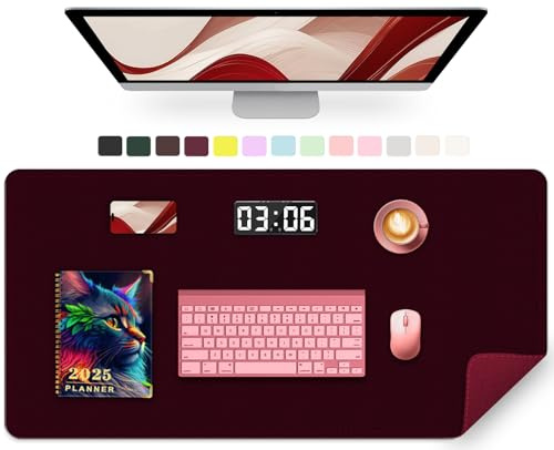 Large Desk Mat 90 x 43 CM, PU Leather Desk Pad Protector, Non-Slip Large Mouse Pad with Suede, Easy Clean Computer Mat for Desk, Office Desktop Mat for Keyboard, Desk Table Mat (Burgundy)