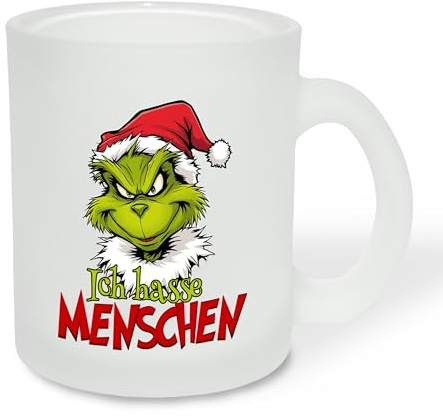 True Statements Geschenk für Glühwein-Fans: Glastasse „Ich hasse Menschen“ mit Weihnachtsgrinch-Motiv - Geschenkidee zur Adventszeit | Weihnachtszeit - Glastasse satiniert, ca. 300ml