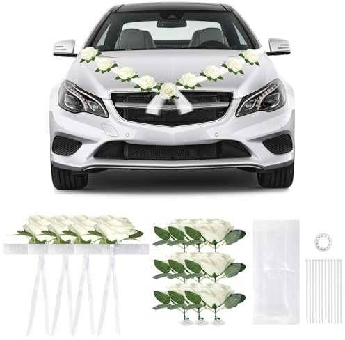 Supaway Decoración de capó para Coche de Boda en Blanco con Flores, Set para la mayoría de Modelos con 13 Rosas, ventosas, 2 x 1,6 m de Tul, 12 Bridas y 1 Cinta Adhesiva, Decoración de vehículo