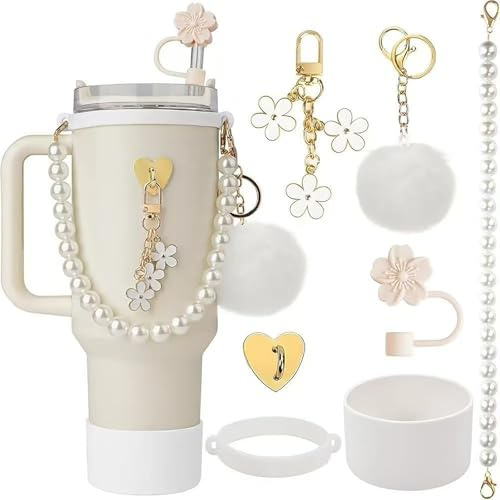 DEMOCRATIDO Stanley Cup Zubehör Set inkl,Silikon-Stiefel,Perlenkette,Flaschen-Boot,Gummi-Ring,Schlüsselanhänger&Herz-Haken-Kompatibel mit 800ml - 1100ml Stanley Cups